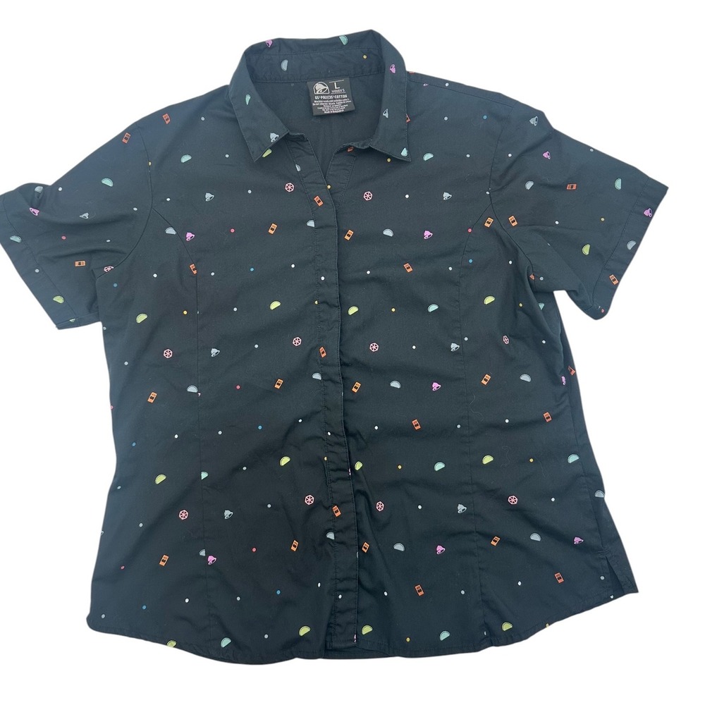 Taco Bell Womens Large Black Short Sleeve Button Down Graphic Print Shirt L